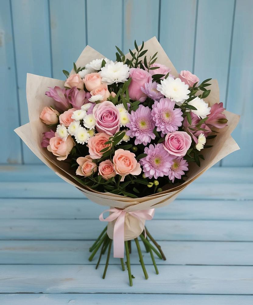 Букет цветов из: Хризантемы, Розы и Альстромерии в Лесосибирске
